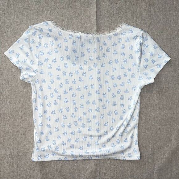 Just Polly NWT Cropped Teddy Bear Tee White & Blue - Large - Picture 2 of 6